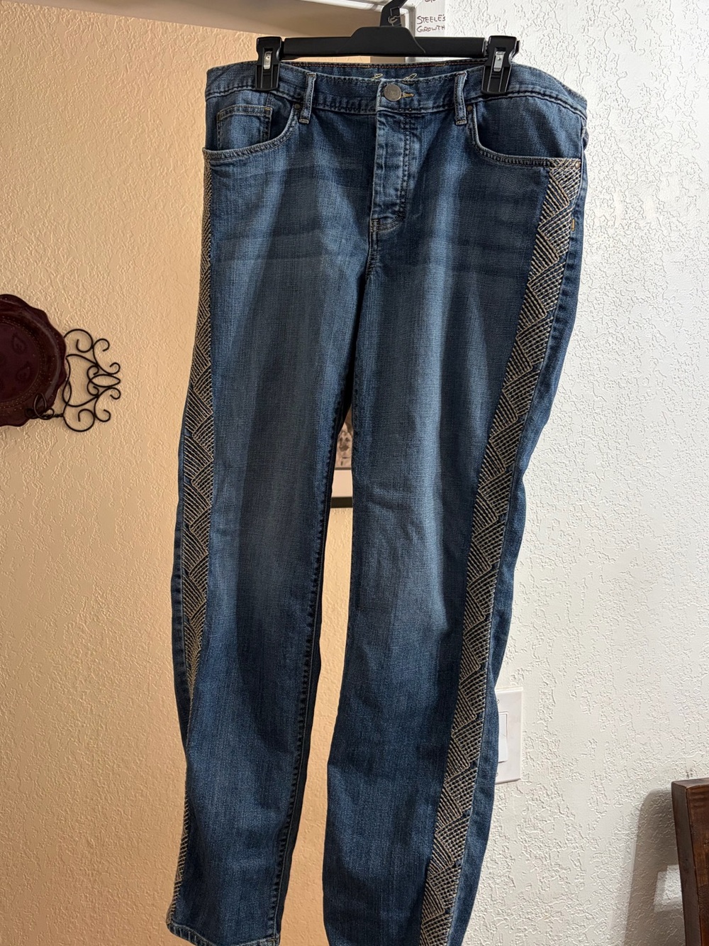 Vintage Eddie Bauer Blue Straight-Leg Jeans with Patterned Side Trim